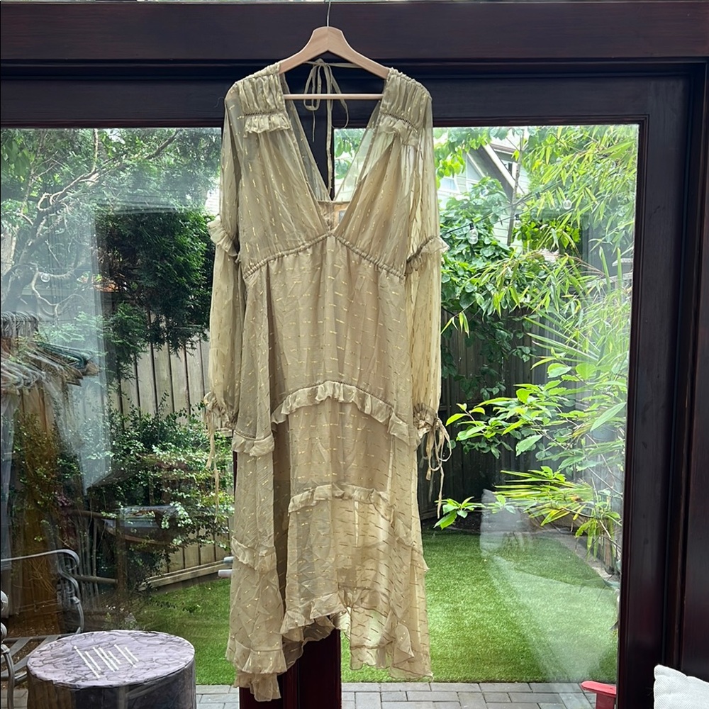 ASOS gold Sundress Plunge Neckline with billowy sleeves size 10US - with slip